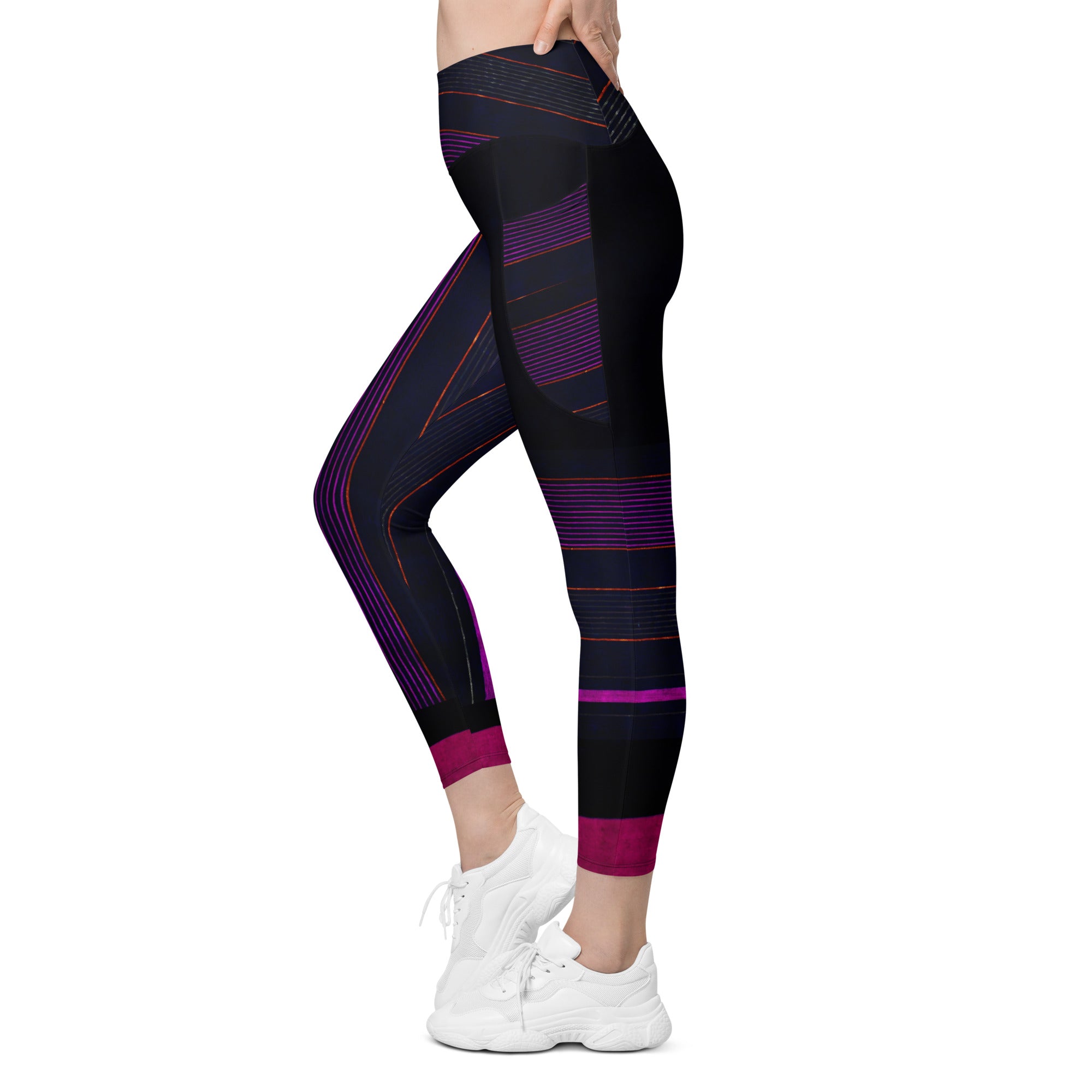 Black Gym Leggings with Pockets. Purple Pin Stripes Dance Leggings. Crossover Waist Yoga Pants. "Peppermint" by WickedYo.